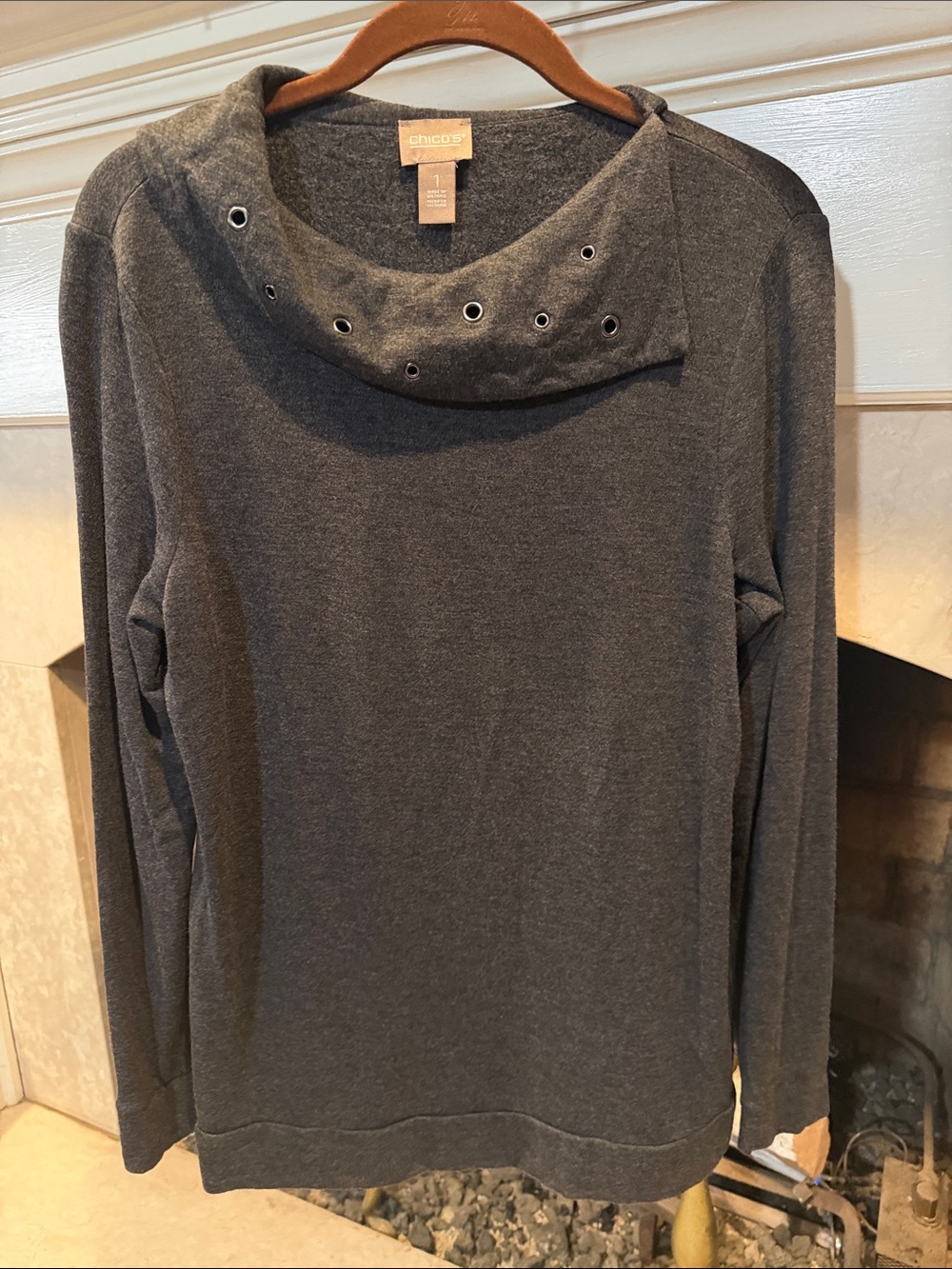 Chico's Charcoal Eyelet Funnel Cowl Sweatshirt size Medium